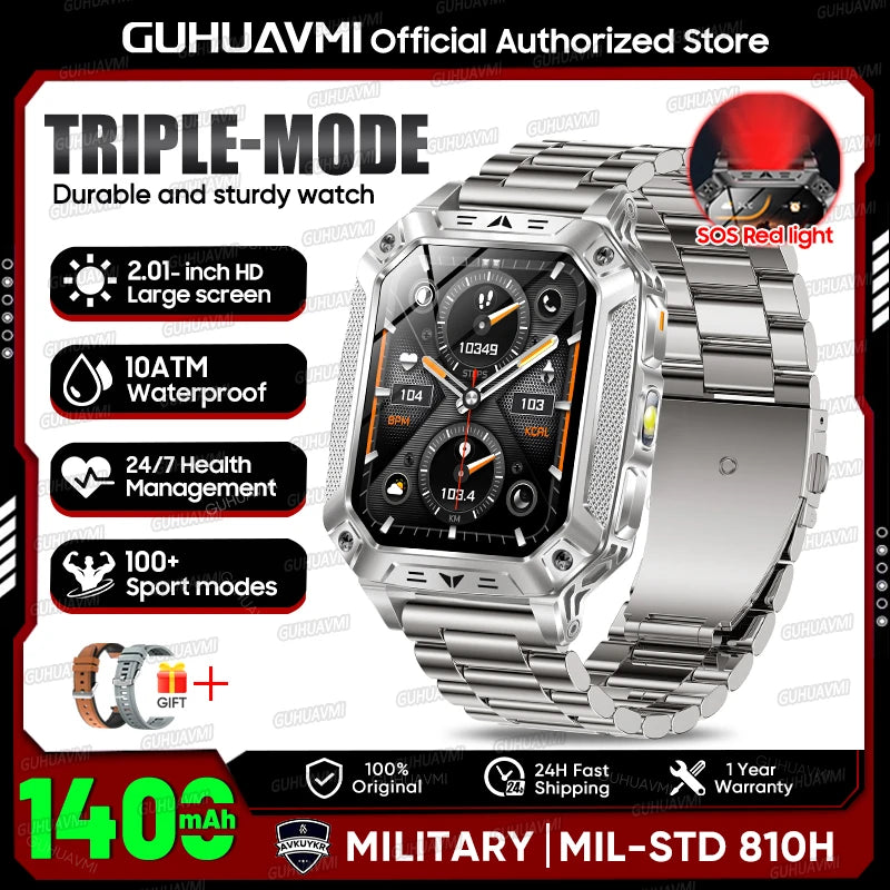 2026 Outdoors Durable Men Sports Smart Watch 1400Mah Battery LED Flashlight IP69K Waterproof Bluetooth Call Military Smartwatchs
