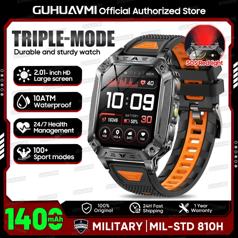 2026 Outdoors Durable Men Sports Smart Watch 1400Mah Battery LED Flashlight IP69K Waterproof Bluetooth Call Military Smartwatchs