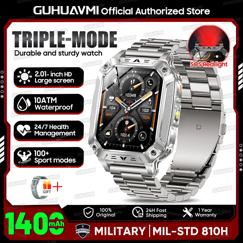 2026 Outdoors Durable Men Sports Smart Watch 1400Mah Battery LED Flashlight IP69K Waterproof Bluetooth Call Military Smartwatchs