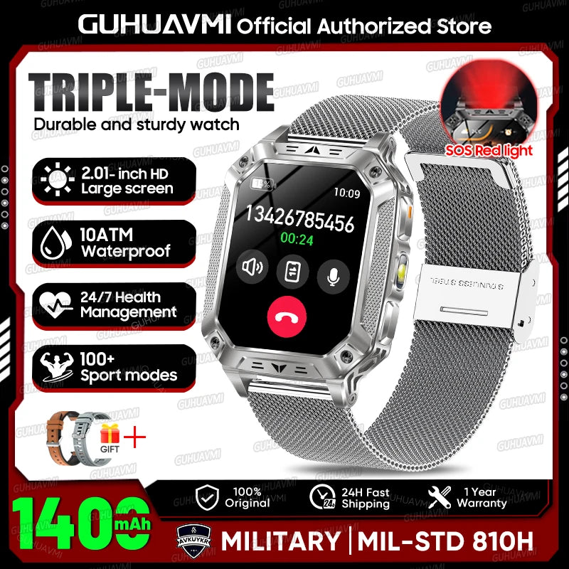 2026 Outdoors Durable Men Sports Smart Watch 1400Mah Battery LED Flashlight IP69K Waterproof Bluetooth Call Military Smartwatchs