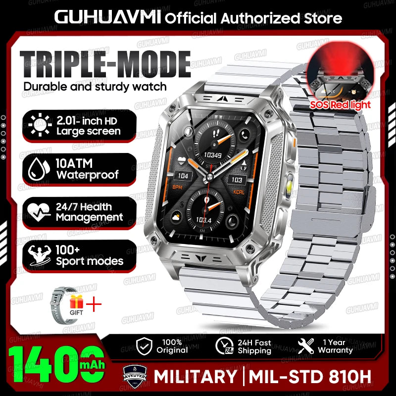 2026 Outdoors Durable Men Sports Smart Watch 1400Mah Battery LED Flashlight IP69K Waterproof Bluetooth Call Military Smartwatchs
