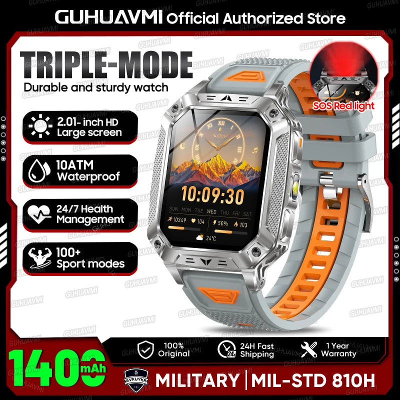 2026 Outdoors Durable Men Sports Smart Watch 1400Mah Battery LED Flashlight IP69K Waterproof Bluetooth Call Military Smartwatchs