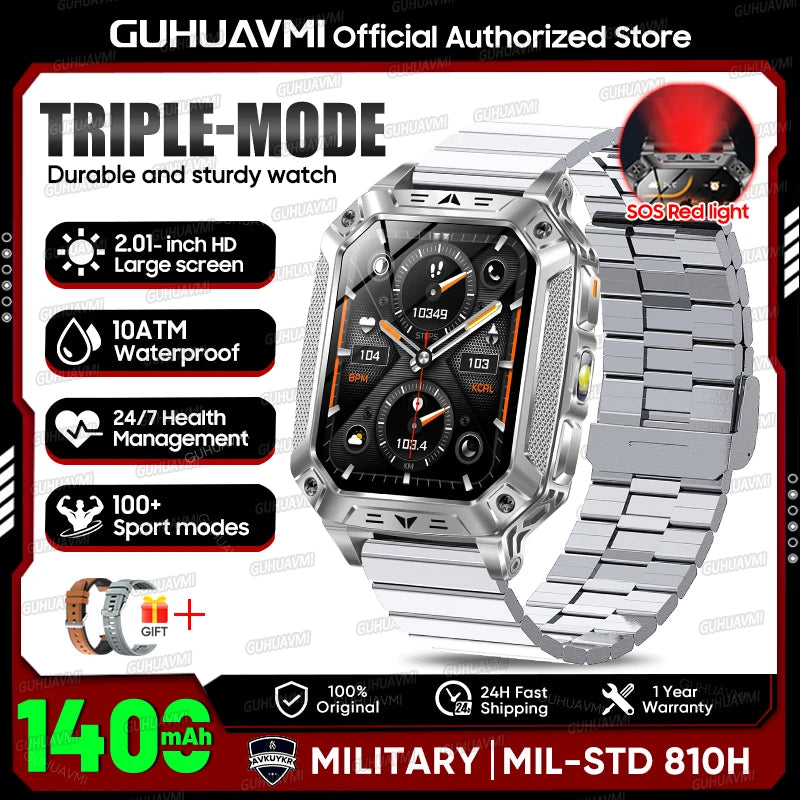 2026 Outdoors Durable Men Sports Smart Watch 1400Mah Battery LED Flashlight IP69K Waterproof Bluetooth Call Military Smartwatchs