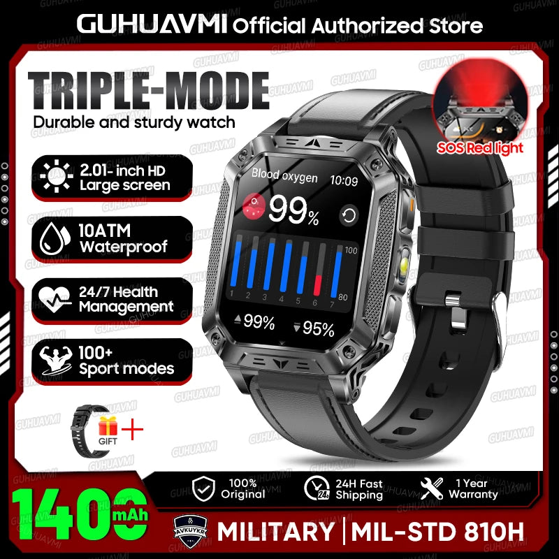 2026 Outdoors Durable Men Sports Smart Watch 1400Mah Battery LED Flashlight IP69K Waterproof Bluetooth Call Military Smartwatchs