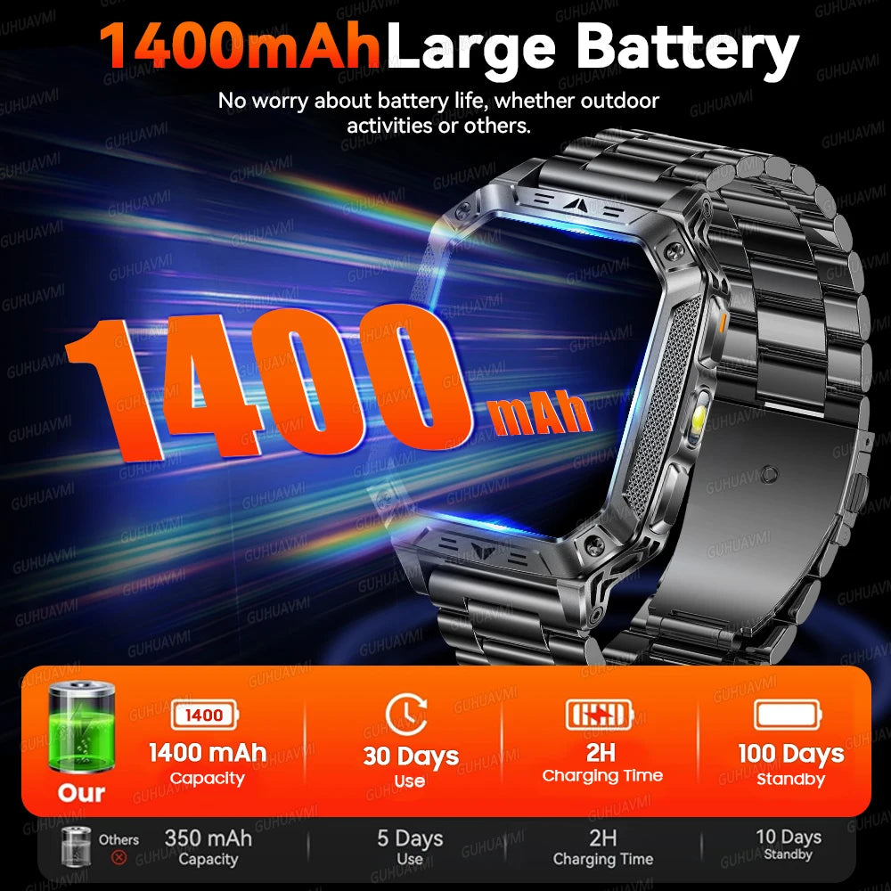 2026 Outdoors Durable Men Sports Smart Watch 1400Mah Battery LED Flashlight IP69K Waterproof Bluetooth Call Military Smartwatchs