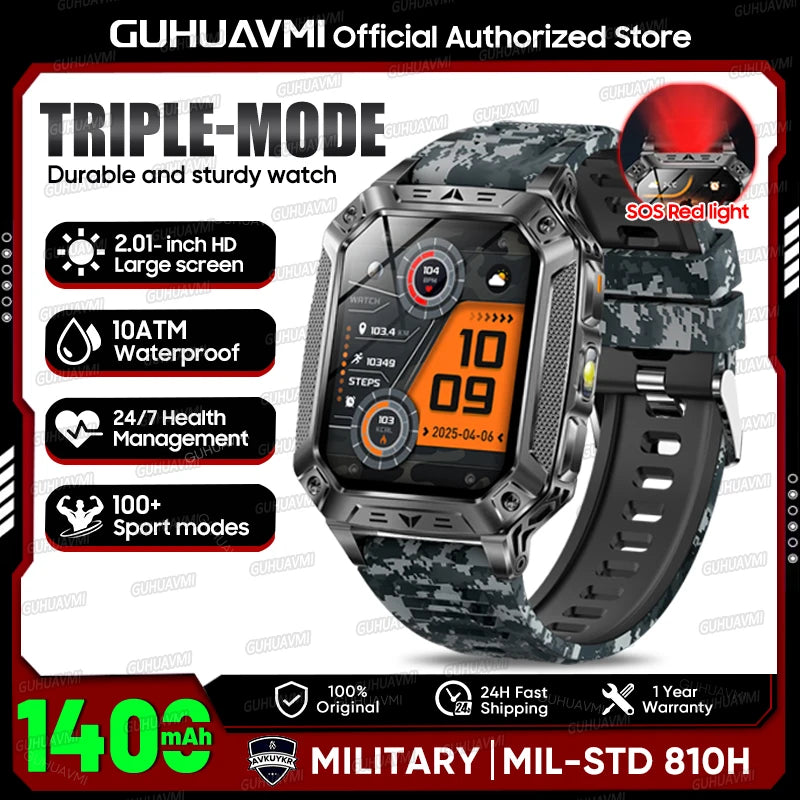 2026 Outdoors Durable Men Sports Smart Watch 1400Mah Battery LED Flashlight IP69K Waterproof Bluetooth Call Military Smartwatchs