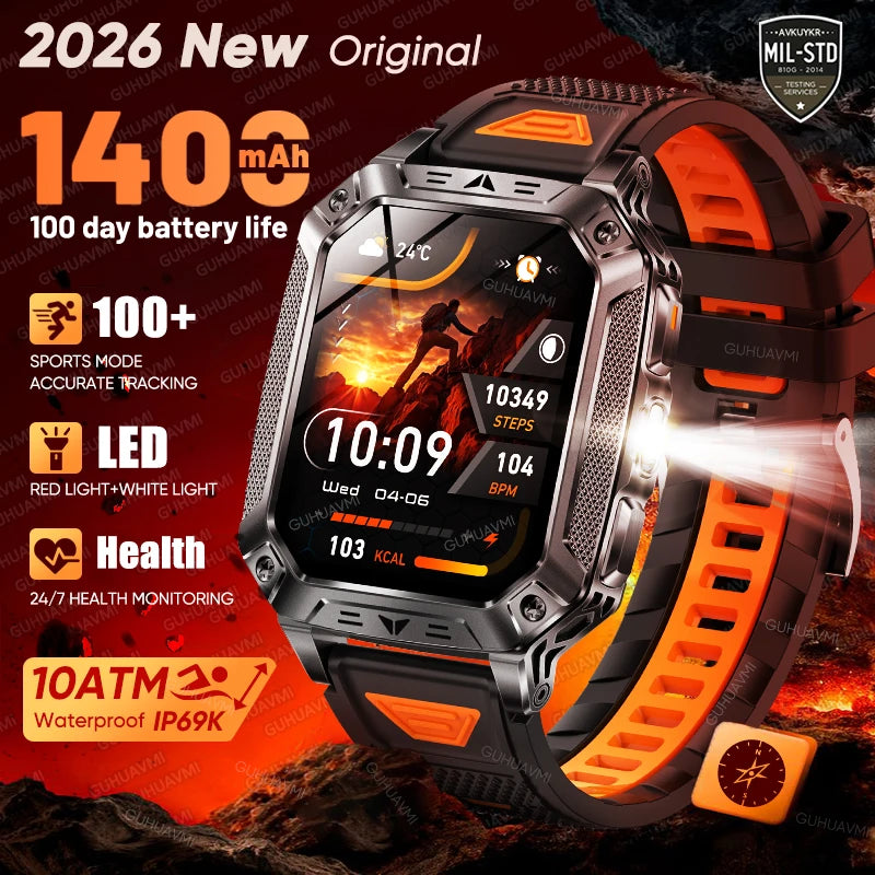 2026 Outdoors Durable Men Sports Smart Watch 1400Mah Battery LED Flashlight IP69K Waterproof Bluetooth Call Military Smartwatchs