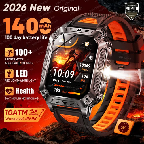 2026 Outdoors Durable Men Sports Smart Watch 1400Mah Battery LED Flashlight IP69K Waterproof Bluetooth Call Military Smartwatchs