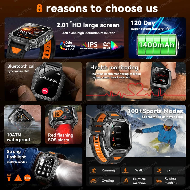 2026 Outdoors Durable Men Sports Smart Watch 1400Mah Battery LED Flashlight IP69K Waterproof Bluetooth Call Military Smartwatchs