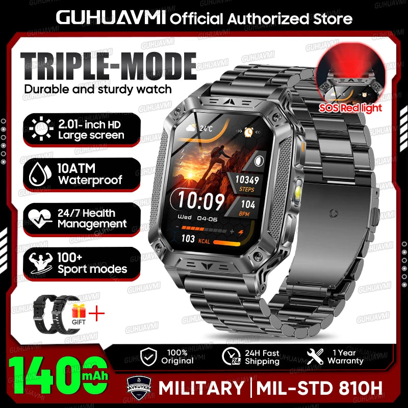 2026 Outdoors Durable Men Sports Smart Watch 1400Mah Battery LED Flashlight IP69K Waterproof Bluetooth Call Military Smartwatchs