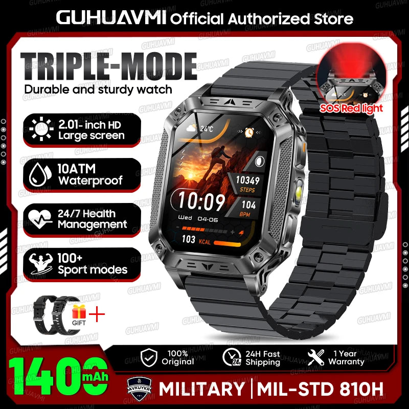 2026 Outdoors Durable Men Sports Smart Watch 1400Mah Battery LED Flashlight IP69K Waterproof Bluetooth Call Military Smartwatchs