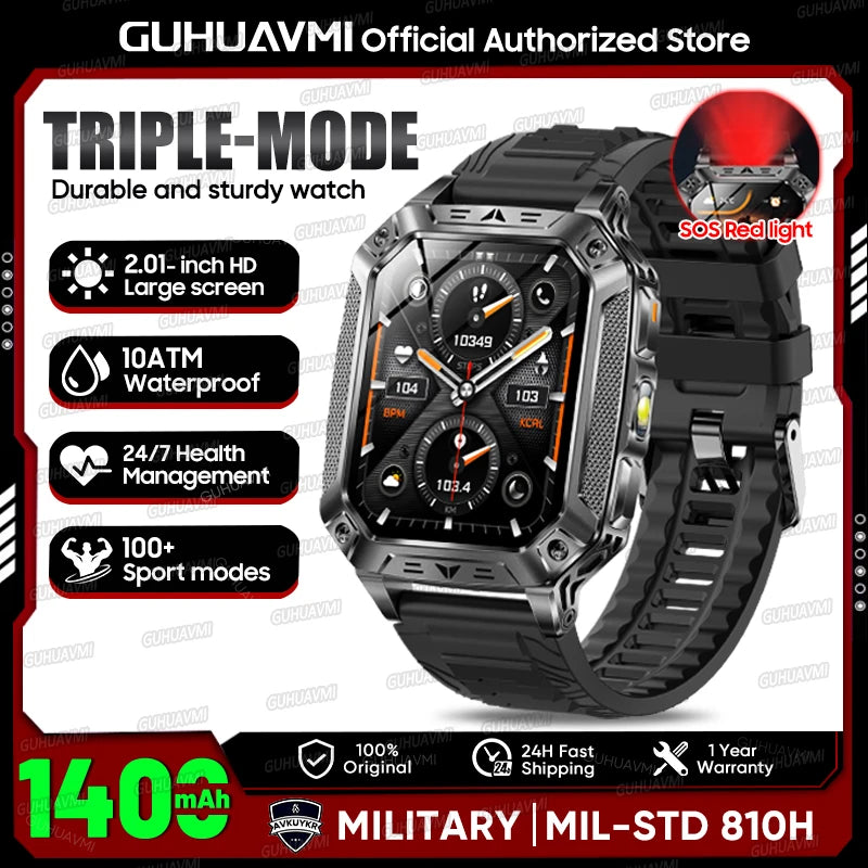 2026 Outdoors Durable Men Sports Smart Watch 1400Mah Battery LED Flashlight IP69K Waterproof Bluetooth Call Military Smartwatchs