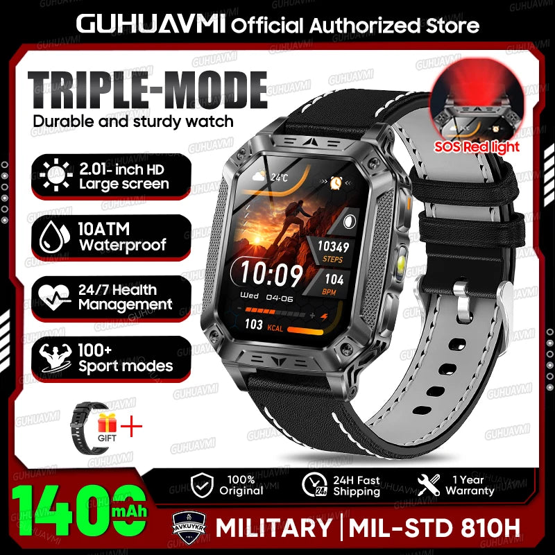 2026 Outdoors Durable Men Sports Smart Watch 1400Mah Battery LED Flashlight IP69K Waterproof Bluetooth Call Military Smartwatchs