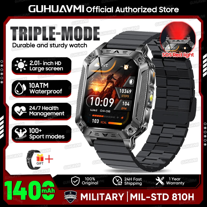 2026 Outdoors Durable Men Sports Smart Watch 1400Mah Battery LED Flashlight IP69K Waterproof Bluetooth Call Military Smartwatchs