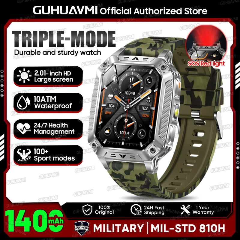 2026 Outdoors Durable Men Sports Smart Watch 1400Mah Battery LED Flashlight IP69K Waterproof Bluetooth Call Military Smartwatchs